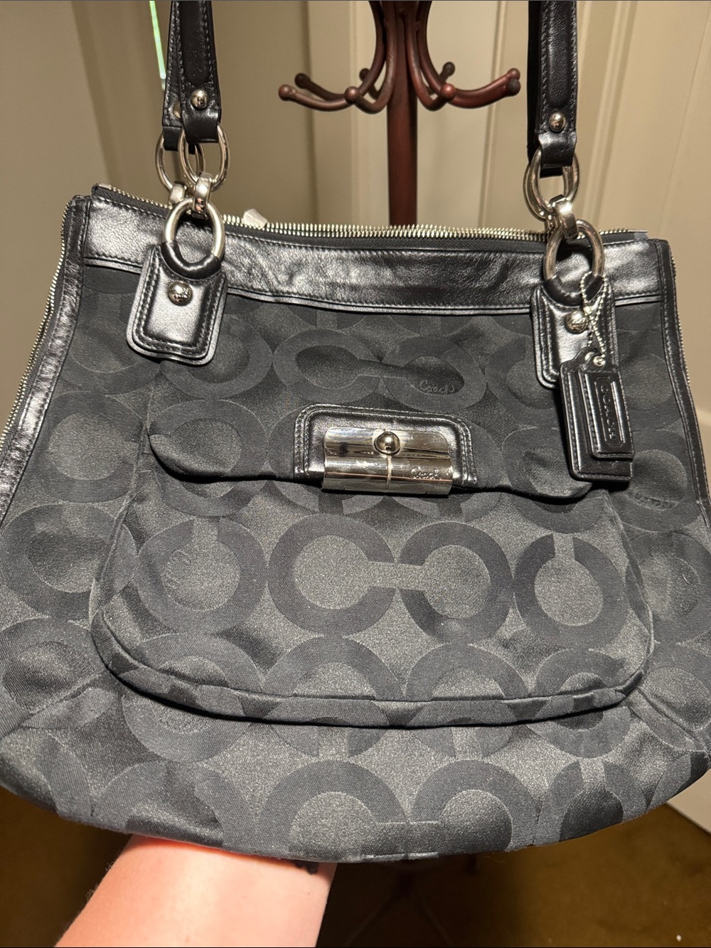 Coach Black Signature Canvas Shoulder Bag with Silver Hardware